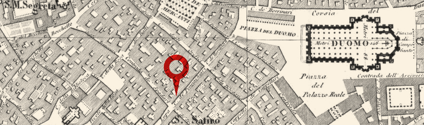 Antica mappa della Contrada de' Pennacchiari, Milano, con il civico 3233 segnato