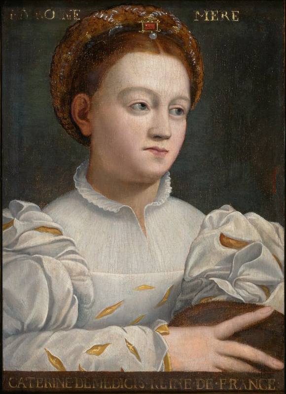 Ritratto di una giovane Caterina de' Medici in abito bianco, capelli rosso-oro con acconciatura ingioiellata, con iscrizione Caterine de Medicis Reine de France