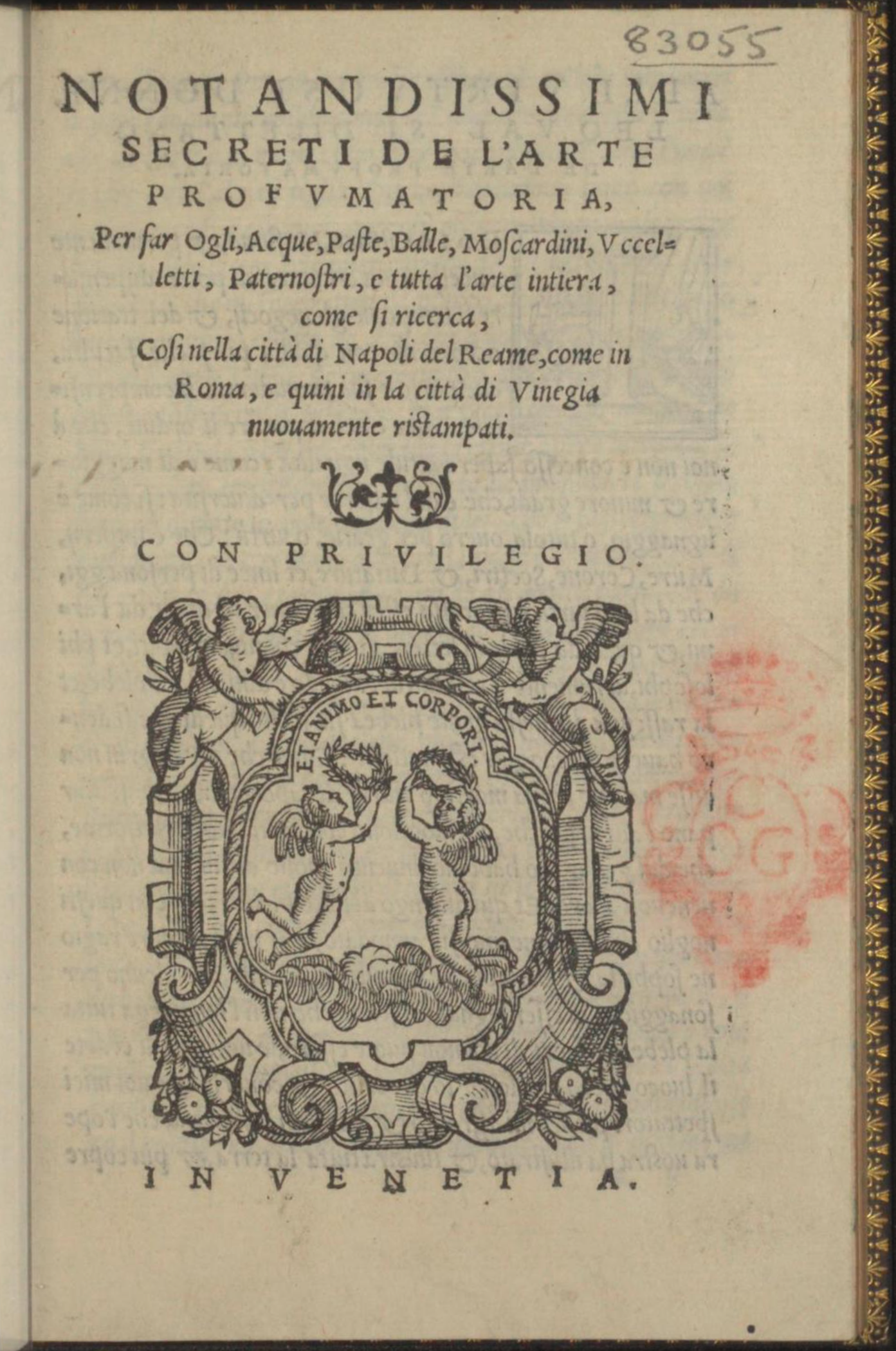 Frontespizio dei Notandissimi secreti de l'arte profumatoria di Giovanventura Rosetti, edizione veneziana del 1560, con marca tipografica e il motto ET ANIMO ET CORPORI