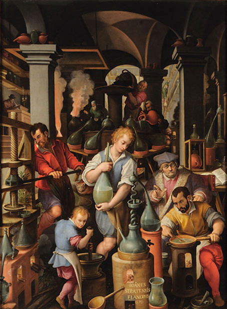 Dipinto di un laboratorio alchemico rinascimentale affollato di alambicchi, ampolle e mortai, con figure al lavoro e Francesco I de' Medici tra loro