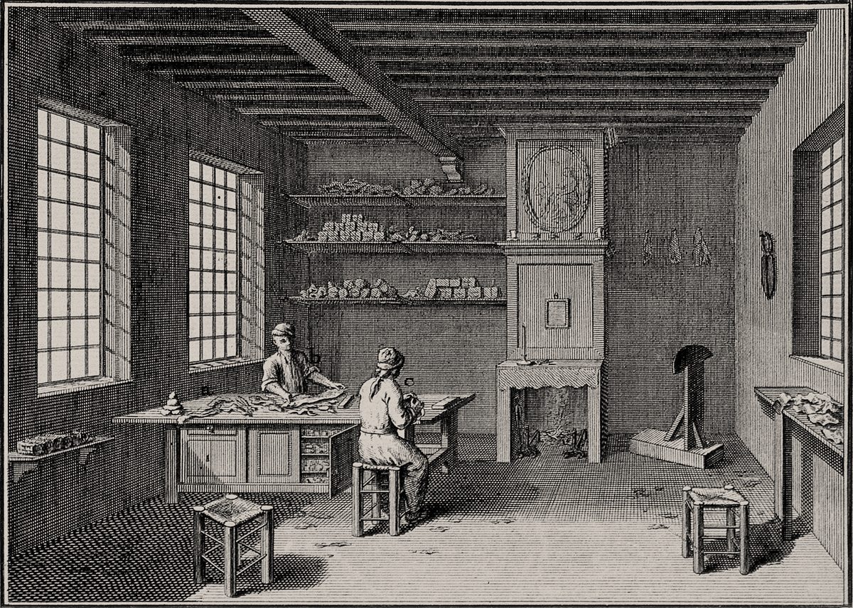 La bottega di un guantaio, dalle tavole dell'Encyclopédie di Diderot e d'Alembert