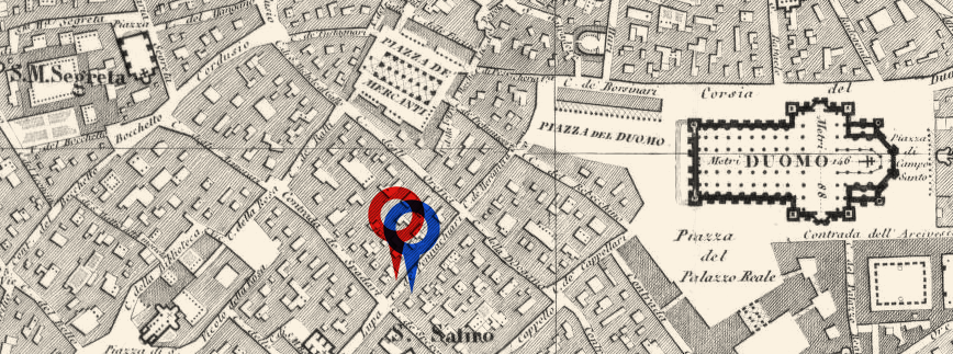 Mappa storica del centro di Milano presso il Duomo, con i civici Migone 3233 e 3232 nella Contrada dei Pennacchiari segnati in rosso e blu