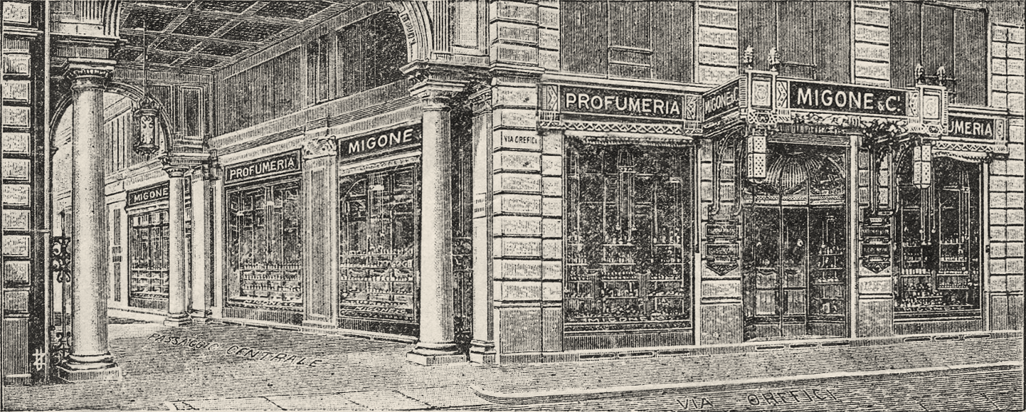 Incisione della profumeria Migone & C. all'angolo tra Via Orefici e il Passaggio Centrale, Milano, con le vetrine su entrambi i fronti